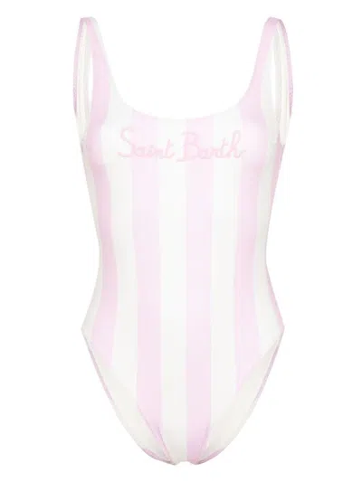 Mc2 Saint Barth Logo Striped One-piece Swimsuit In Pink