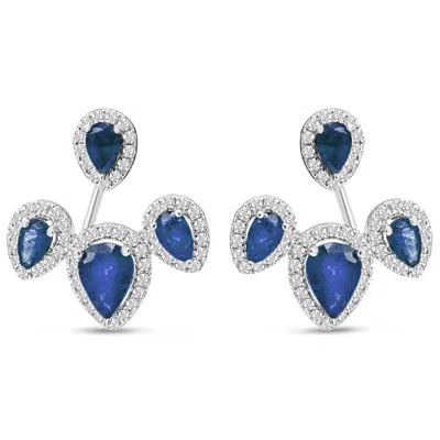 Sselects 3 Carat Sapphire And Diamond Drop Earrings In 14 Karat White I-j, I1-i2 In Blue