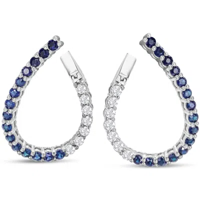Sselects 2 1/2 Carat Front-back Sapphire And Diamond Hoop Earrings In 14 Karat White I-j, I1-i2 In Blue