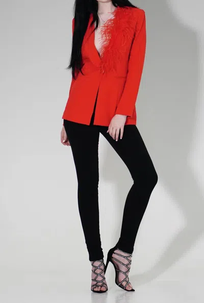 Miss Circle Yulia Feather Trim Blazer In Red In Orange