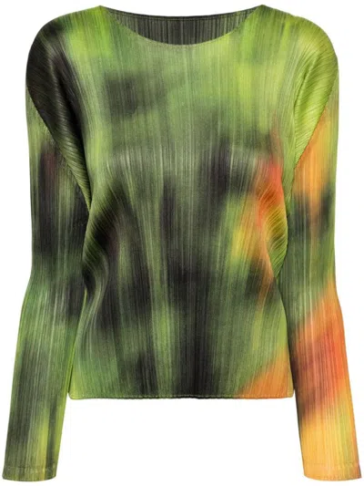 Issey Miyake Pleats Please  Printed Pleated Sweater In Green
