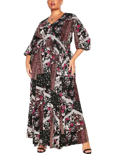 City Chic Womens Floral Print Textured Shirtdress In Black