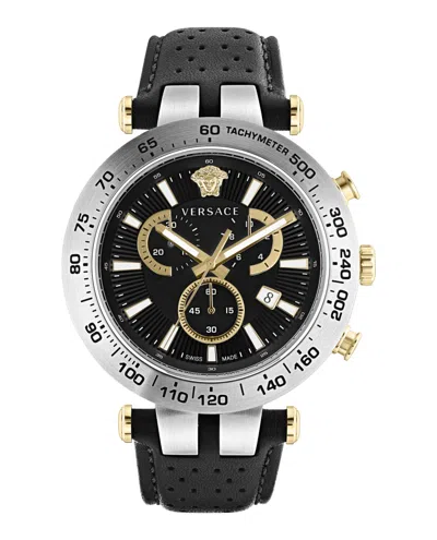 Versace Bold Chrono Leather Watch In Silver