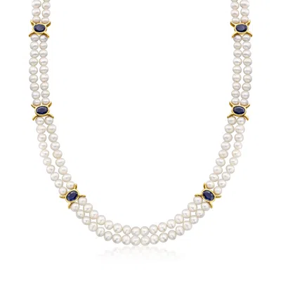 Ross-simons 4.5-5.5mm Cultured Pearl And Sapphire Station Necklace In 18kt Gold Over Sterling In Silver