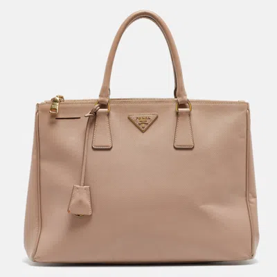 Prada Light Saffiano Lux Leather Large Double Zip Tote In Beige