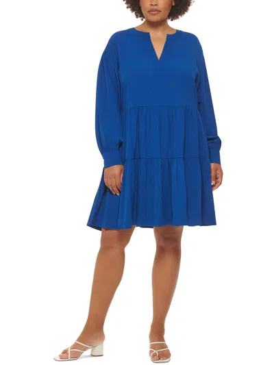 Calvin Klein Plus Womens Tiered Rayon Fit & Flare Dress In Blue