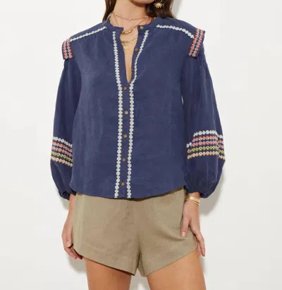 Boteh Jeanne Embroidered Blouse In Denim In Blue