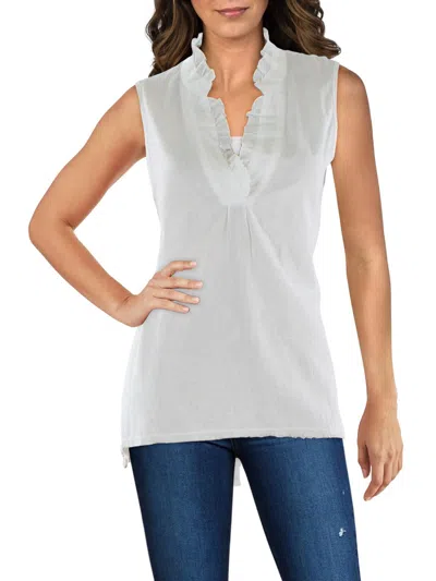 Wearables Womens Ruffled Neck Frayed Hem Pullover Top In White