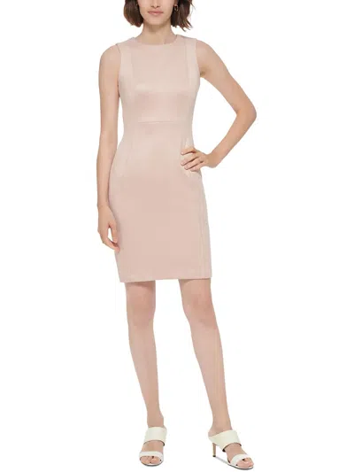 Calvin Klein Petites Womens Faux Suede Sleeveless Sheath Dress In Beige
