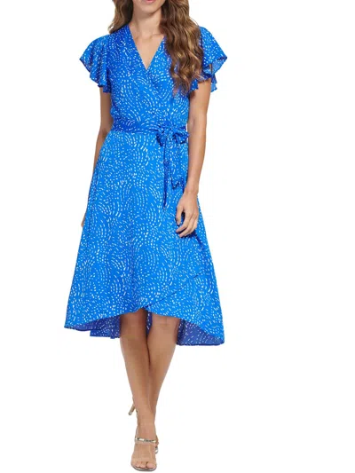 Dkny Womens Faux Wrap Printed Midi Dress In Blue