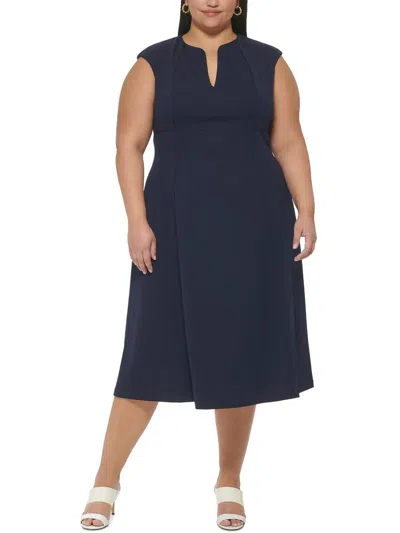 Calvin Klein Plus Womens Pintuck Polyester Midi Dress In Blue