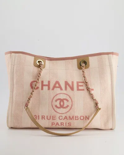Pre-owned Chanel Small Stripe Canvas Deauville Tote Bag With Logo Print And Champagne Gold Hardware In Beige