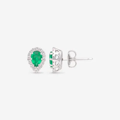 Ina Mar 14k White Gold Pear Shaped Emerald With Diamond Halo Stud Earrings In Green