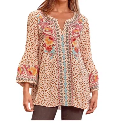 Savanna Jane Leopard Print Bell Sleeve Embroidered Top In Cream In Pink