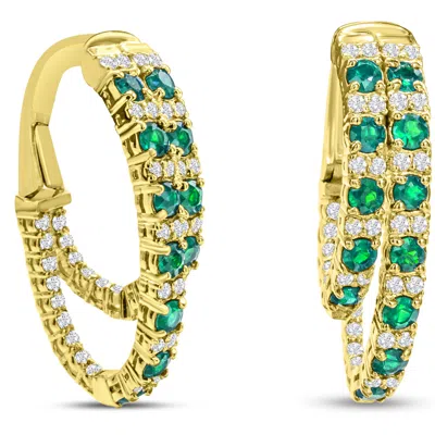 Sselects 2 1/2 Carat Emerald And Diamond Hoop Earrings In 14 Karat Yellow I-j, I1-i2 In Green