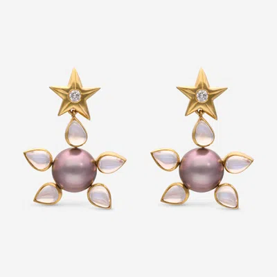 Assael 18k Yellow Gold, Tahitian Cultured Pearl And Moonstone Drop Earrings Pde0142 In Pink
