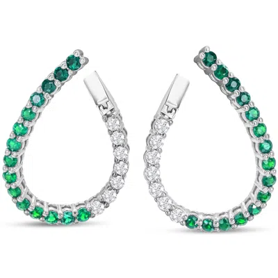 Sselects 2 1/2 Carat Front-back Emerald And Diamond Hoop Earrings In 14 Karat White I-j, I1-i2 In Green