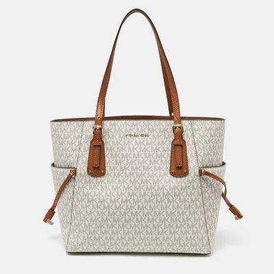 Michael Kors Cream/tan Signature Coated Canvas And Leather Voyager Tote In White