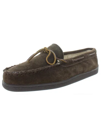 Minnetonka Pile Lined Hardsole Mens Faux Fur Suede Moccasins In Brown