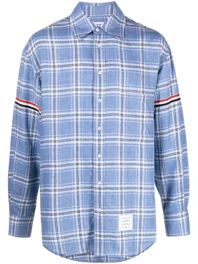 Thom Browne Rwb Stripe Checked Linen Shirt In Blue