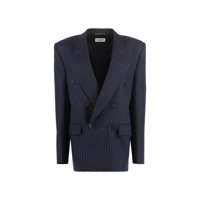 Saint Laurent Double-breasted Wool Jacket In Blue