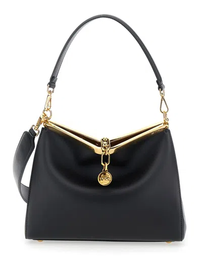 Etro 'medium Vela' Black Shoulder Bag With Logo And Pegasus Charm In Leather Woman