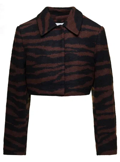 Ganni Brown Cropped Jacket With Zebra Motif In Wool Woman In Black