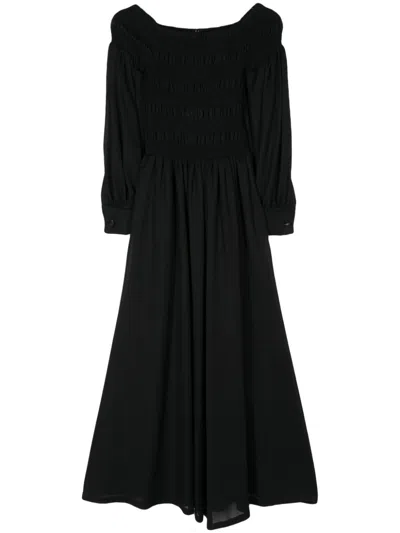 Max Mara Smocked-panel Wool Maxi Dress In Black