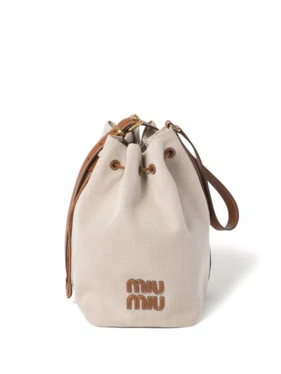 Miu Miu Logo-lettering Canvas Bucket Bag In Naturale+brandy