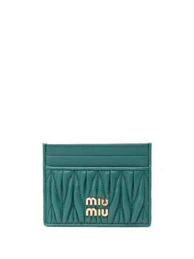 Miu Miu Logo-plaque Matelassé Cardholder In Laguna
