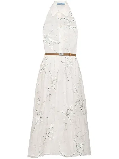 Prada Floral-embroidered Silk Midi Dress In Bianco