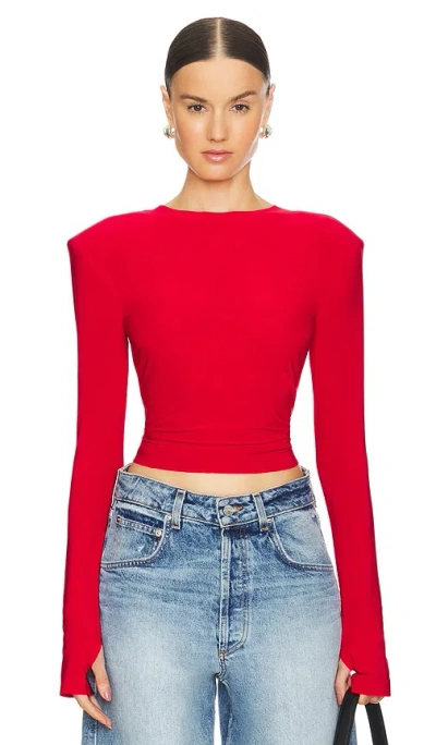Norma Kamali Shoulder Pad Long Sleeve Crew Top In Tiger Red