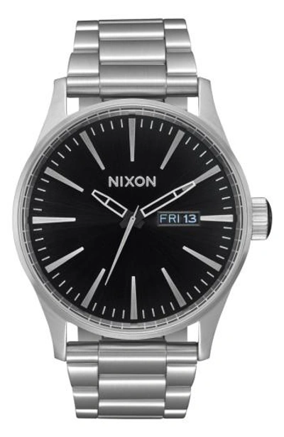 Nixon Sentry Ss Clock Silver And Black Steel In Silver/ Black