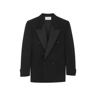 Saint Laurent Women's Double-breasted Tuxedo Jacket In Grain De Poudre In Black