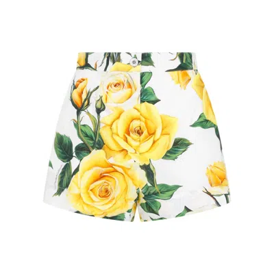 Dolce & Gabbana Cotton Shorts With Yellow Rose Print In Weiss
