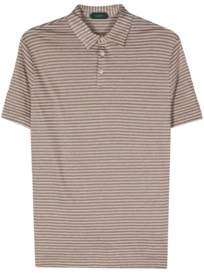 Zanone Striped Linen-blend Polo Shirt In Pink
