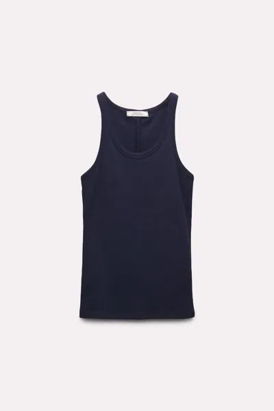 Dorothee Schumacher Fine Rib Stretch Cotton Scoop Neck Top With Embellishment Detail In Blue