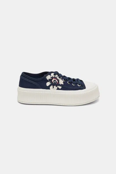 Dorothee Schumacher Cotton Canvas Platform Sneakers With Flower Embroidery In Blue