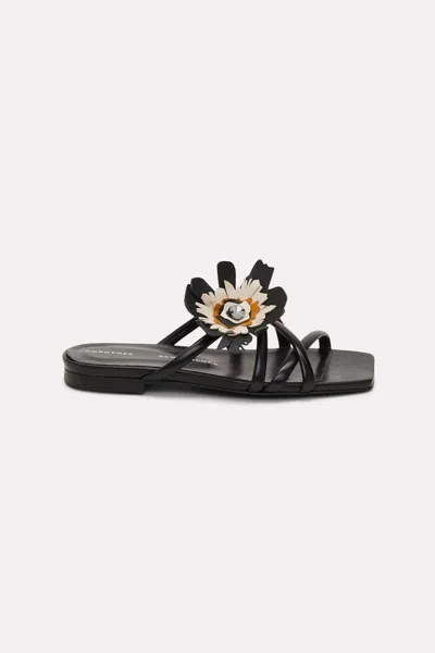 Dorothee Schumacher Square Toe Flat Sandals With Removable Leather Flower In Black
