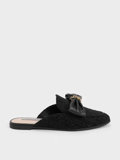 Charles & Keith Tweed Chain-link Bow Loafer Mules In Black Textured