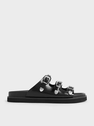 Charles & Keith Buckled Triple-strap Sandals In Black Box