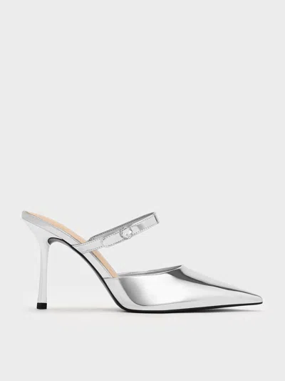 Charles & Keith Metallic Crystal-accent Stiletto-heel Mules In Silver