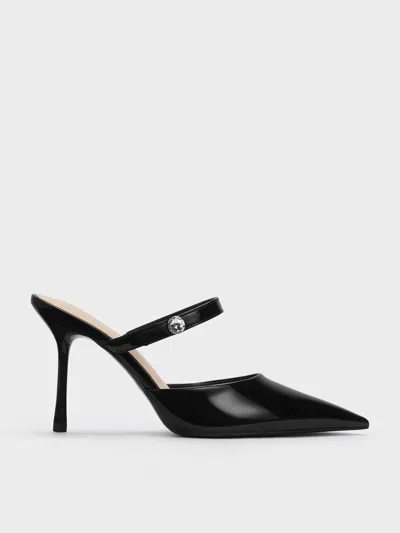 Charles & Keith Patent Crystal-accent Stiletto-heel Mules In Black Patent