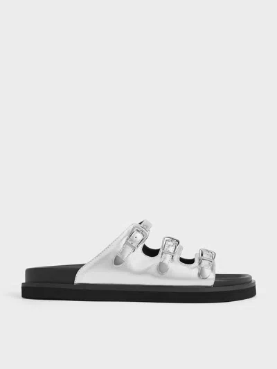Charles & Keith Metallic Buckled Triple-strap Sandals In Silver