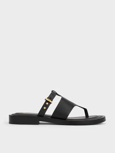 Charles & Keith Leather Asymmetric Thong Sandals In Black
