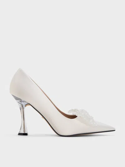 Charles & Keith Recycled Polyester Beaded Bow Pumps In White