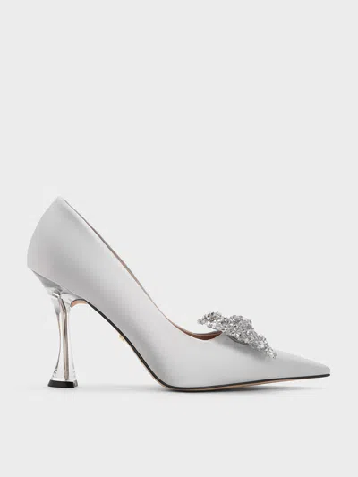 Charles & Keith Recycled Polyester Beaded Bow Pumps In Silver