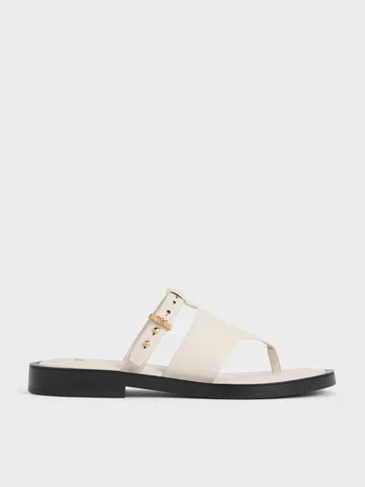 Charles & Keith Leather Asymmetric Thong Sandals In White
