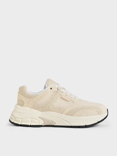 Charles & Keith - Mesh & Canvas Lace-up Chunky Sneakers In Chalk