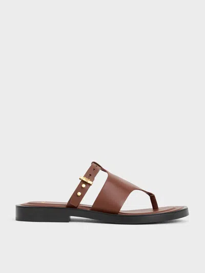 Charles & Keith Leather Asymmetric Thong Sandals In Brown